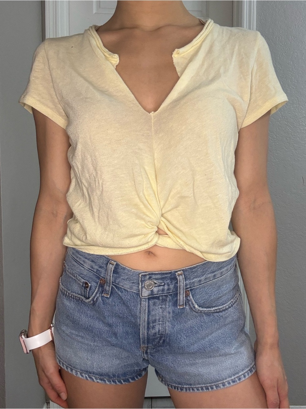 Light Yellow Twist-Front V-Neck Crop Top